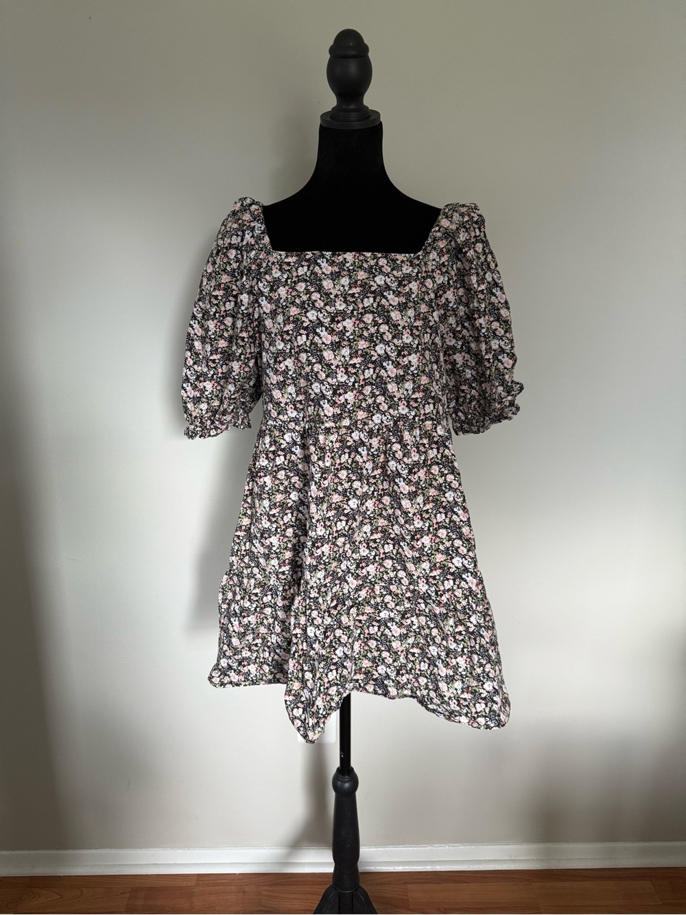 Levi's Black Floral Square-Neck Mini Dress with Pink Accents